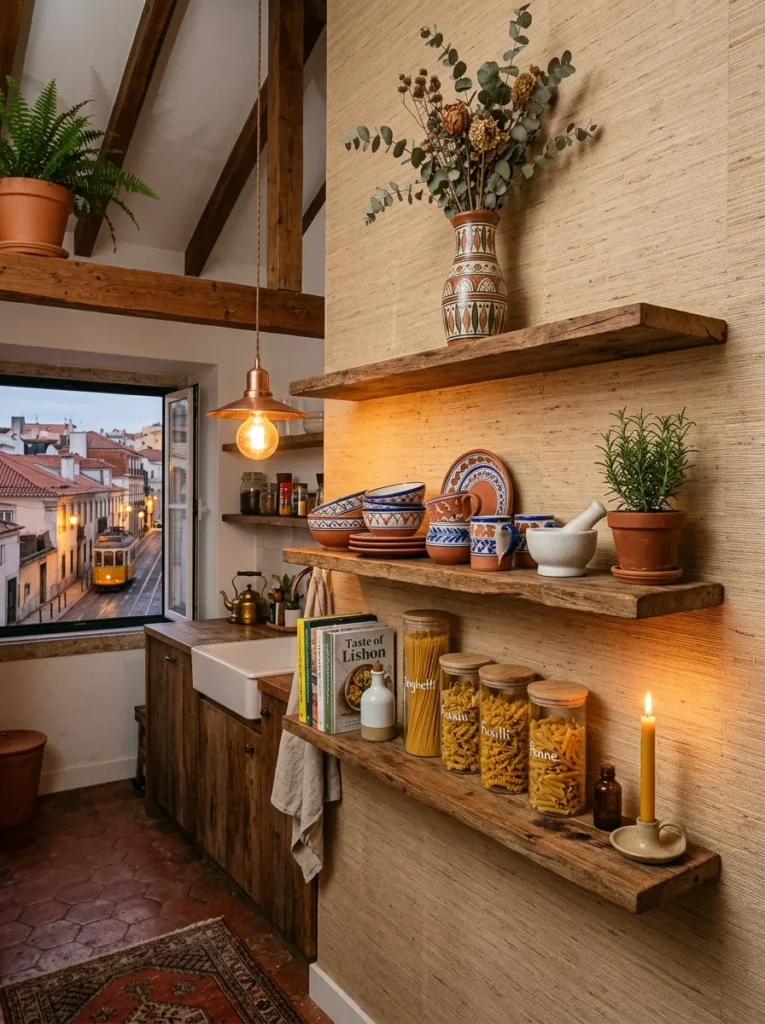 Three open kitchen shelves at deliberately varied heights in aged teak in a bohemian Lisbon loft kitchen.