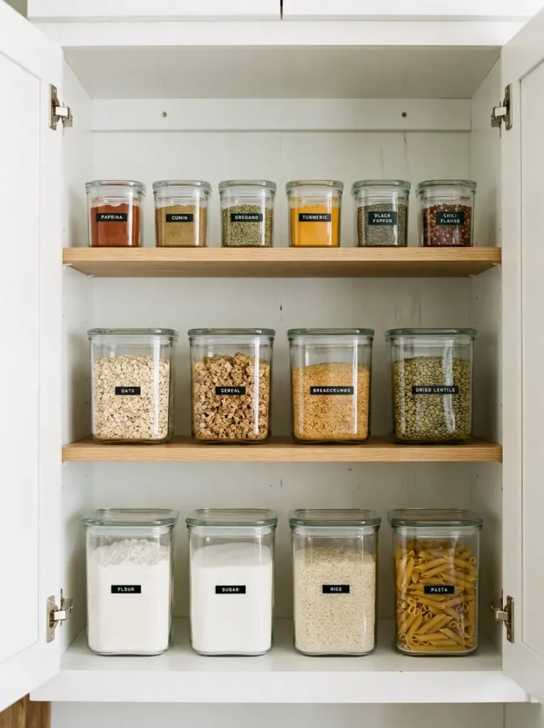 Open kitchen pantry cabinet with three shelves of uniform square clear containers holding flour, sugar, oats, pasta, rice, and dry goods, all with matching lids
