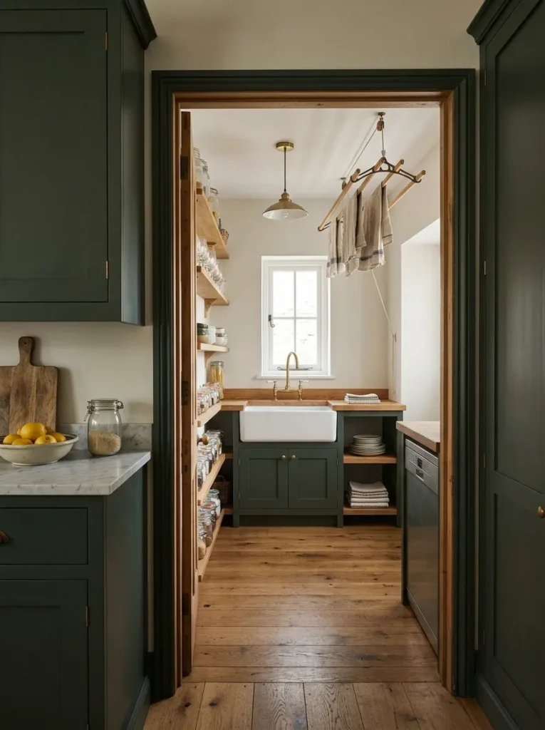 View through doorway into a compact galley scullery with open shelving, deep ceramic butler's sink, wooden counter, and overhead pendant