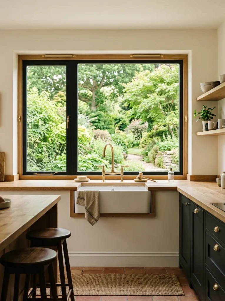 Kitchen sink positioned in front of a wide casement window with a garden view, brushed brass tap, morning light through the glass