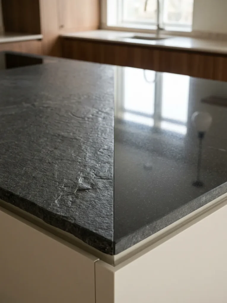 Kitchen island countertop showing a side-by-side comparison of leathered and polished finishes in the same grey stone, illustrating how surface finish affects light reflection and texture
