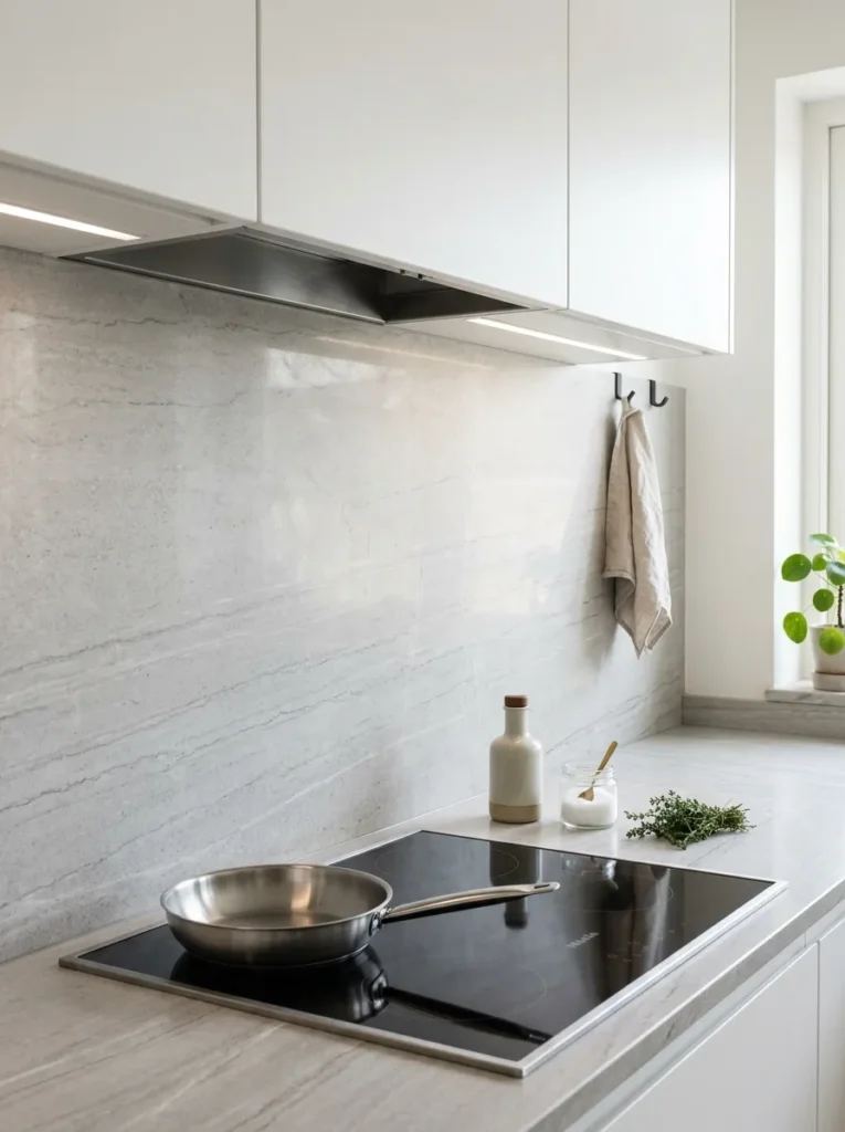 Kitchen cooking zone with a continuous pale grey stone slab splashback and matching countertop, showing no grout lines or tile joints
