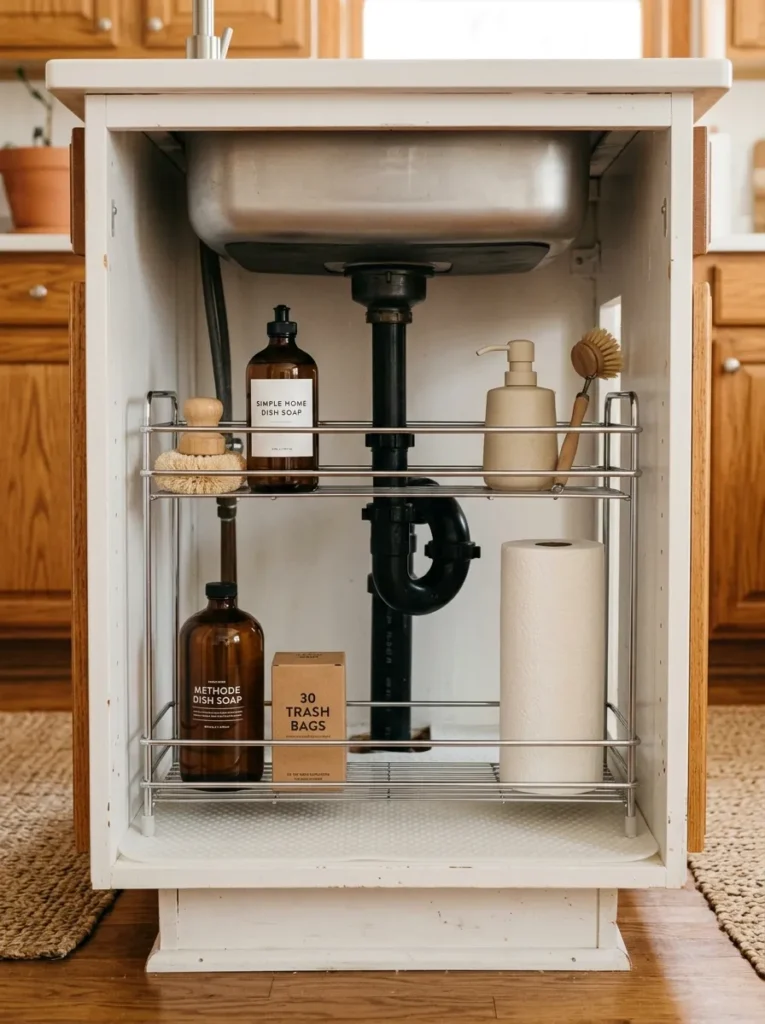 Kitchen under-sink cabinet with a notched tiered chrome organizer around the drain pipe, upper tiers holding dish soap and scrub pads, lower tiers with backup supplies and trash bags
