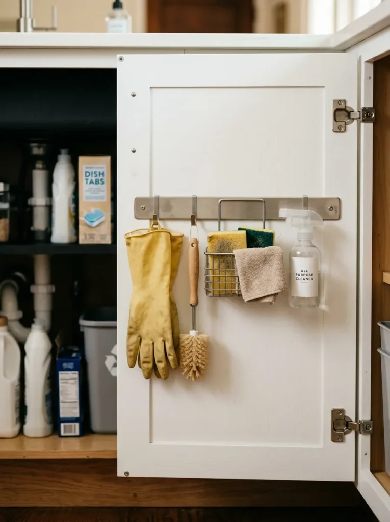Inside of a kitchen under-sink cabinet door with a rail and hook system holding rubber gloves, a bottle brush, sponges, and a small spray bottle
