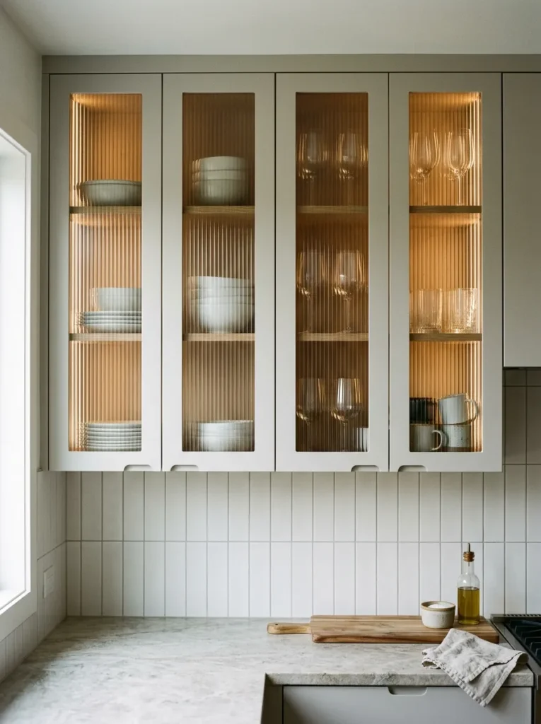 Contemporary kitchen upper cabinets with fluted glass inserts showing soft shapes of stacked ceramics and glassware inside
