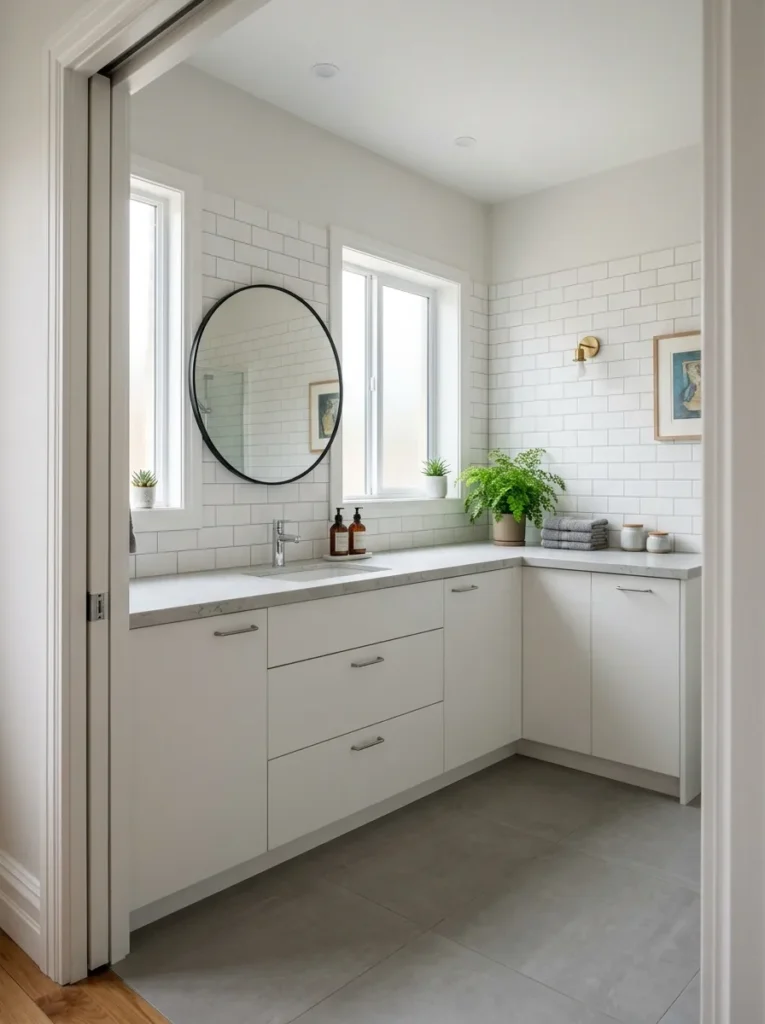 L-shaped wraparound bathroom vanity in white matte finish with continuous quartz counter turning a corner