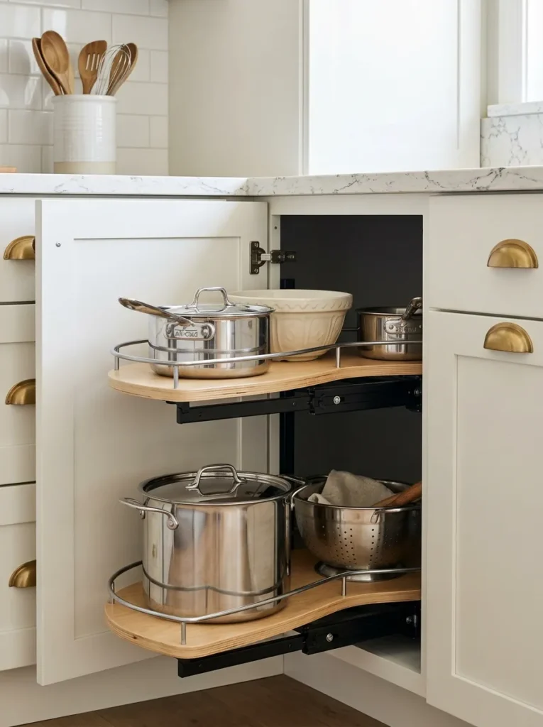 Open corner cabinet in an L-shaped kitchen with a pull-out carousel system holding pots and bowls
