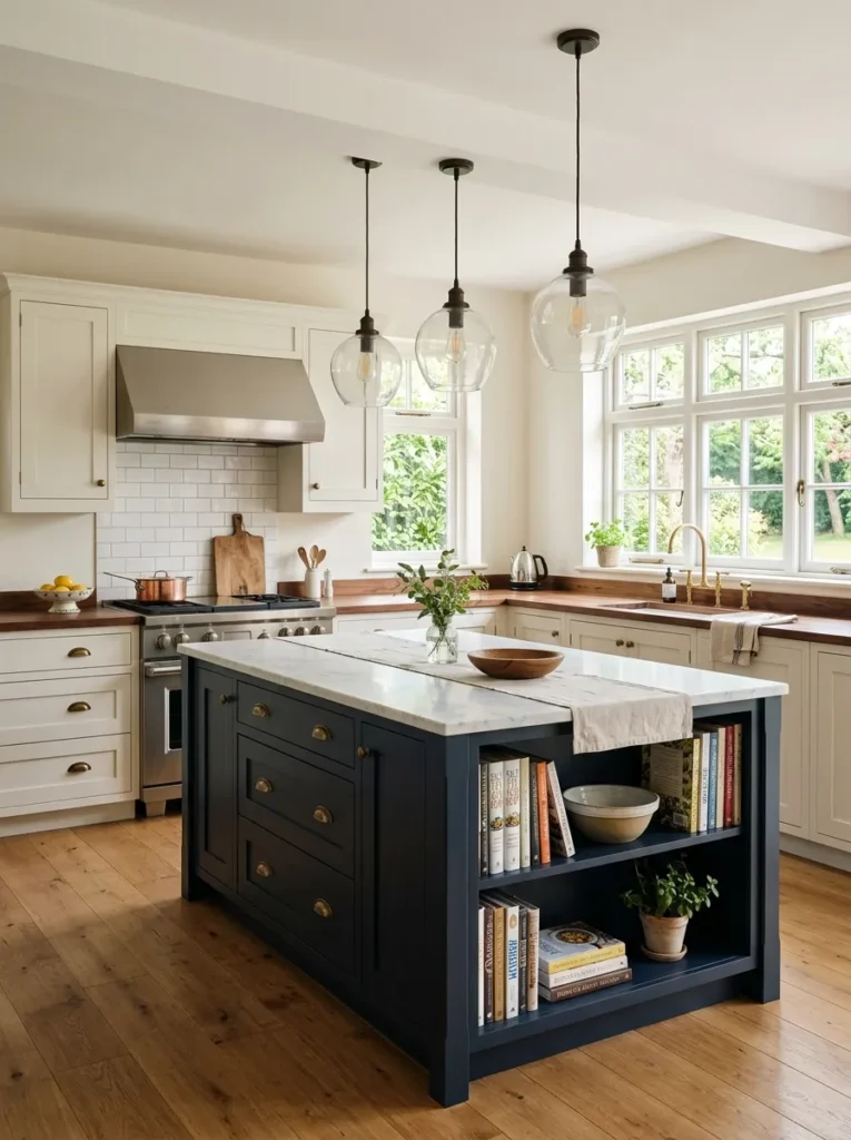 Spacious L-shaped kitchen with a navy blue island topped with honed marble, deep drawers, and open cookbook shelves