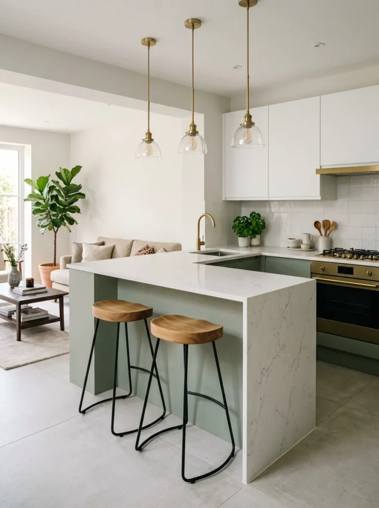 L-shaped kitchen with a quartz peninsula extension, oak bar stools, sage green cabinets, and brass pendants
