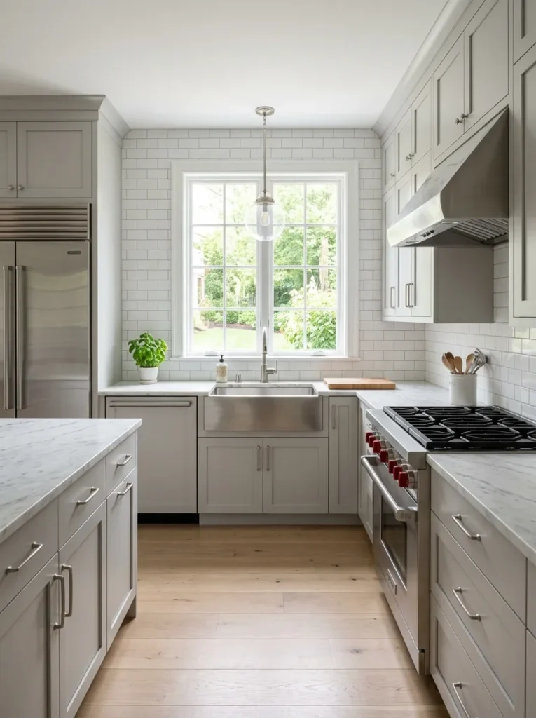 L-shaped kitchen showing the work triangle with fridge, centered sink, and gas range on perpendicular arms

