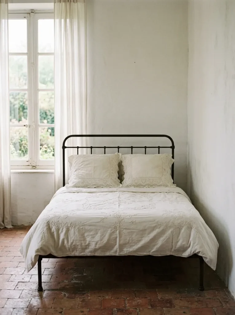 White lace pillow shams and embroidered linen duvet on a simple iron bed in a vintage bedroom