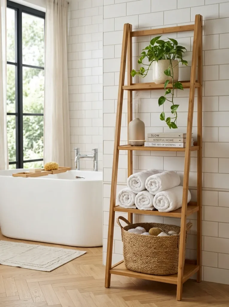Bamboo ladder shelf in a bathroom corner with zoned shelves for a plant, diffuser, rolled towels, and a jute basket
