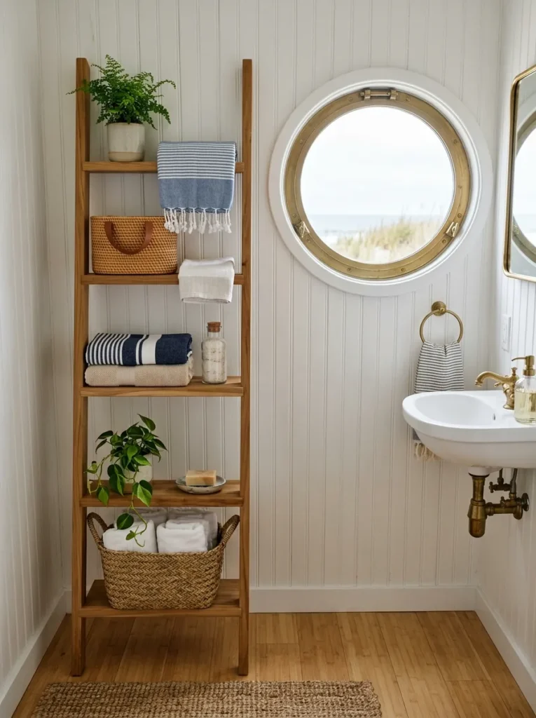 Two narrow floating oak shelves above the toilet storing towels and a wicker basket