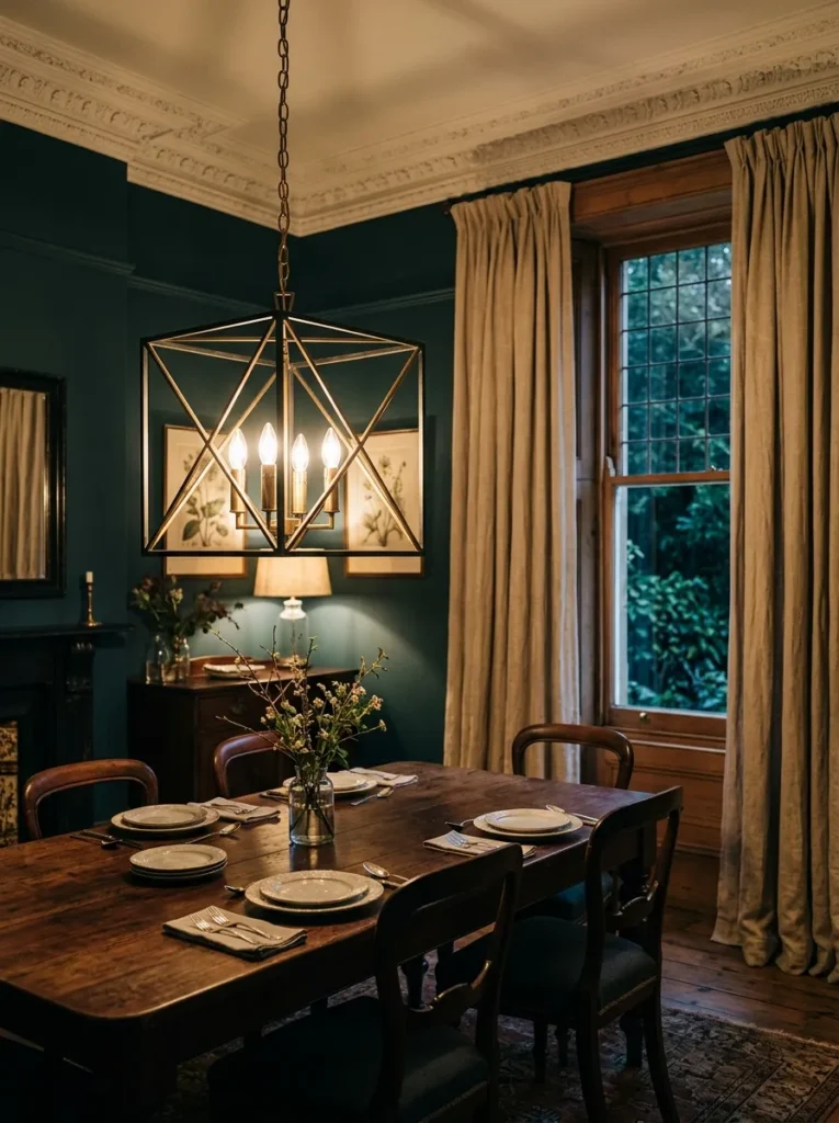 Square lantern pendant in antique black and aged brass hanging over a mahogany dining table in a period room with Victorian cornicing