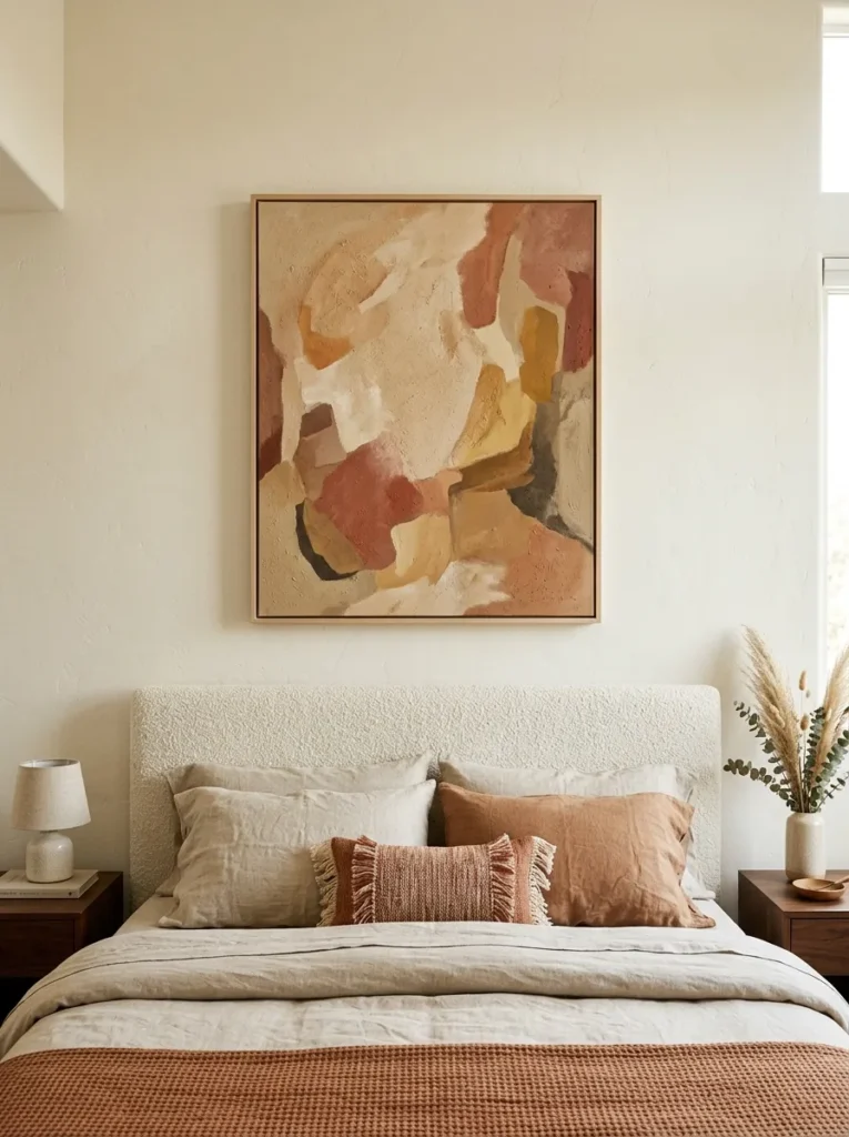 Large abstract painting in sand and rust tones sized proportionally above a boucle headboard in a contemporary bedroom
