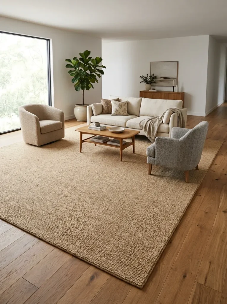 Large low-pile wool rug in warm sand extending beneath all sofa and chair legs in an open-plan living room, clearly defining the zone
