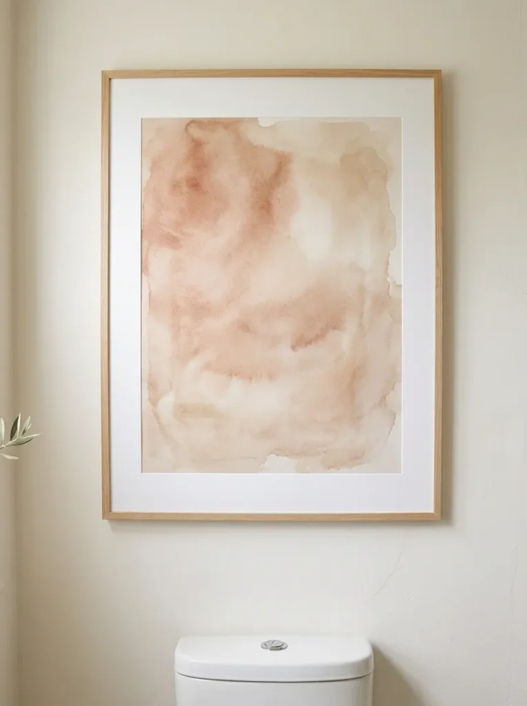 Oversized abstract watercolor print in a natural wood frame centered on a pale bathroom wall above the toilet as the room's focal point