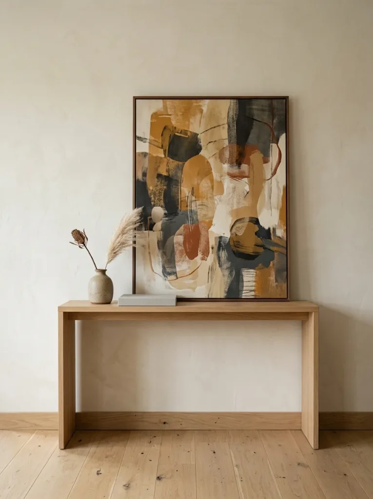 Single large abstract print leaned against the wall on a narrow console in a small living room, surrounding wall left clear