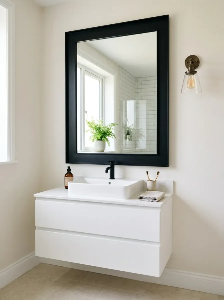 Large rectangular matte black framed mirror above a white floating bathroom vanity, with an aged bronze wall sconce to one side in morning light