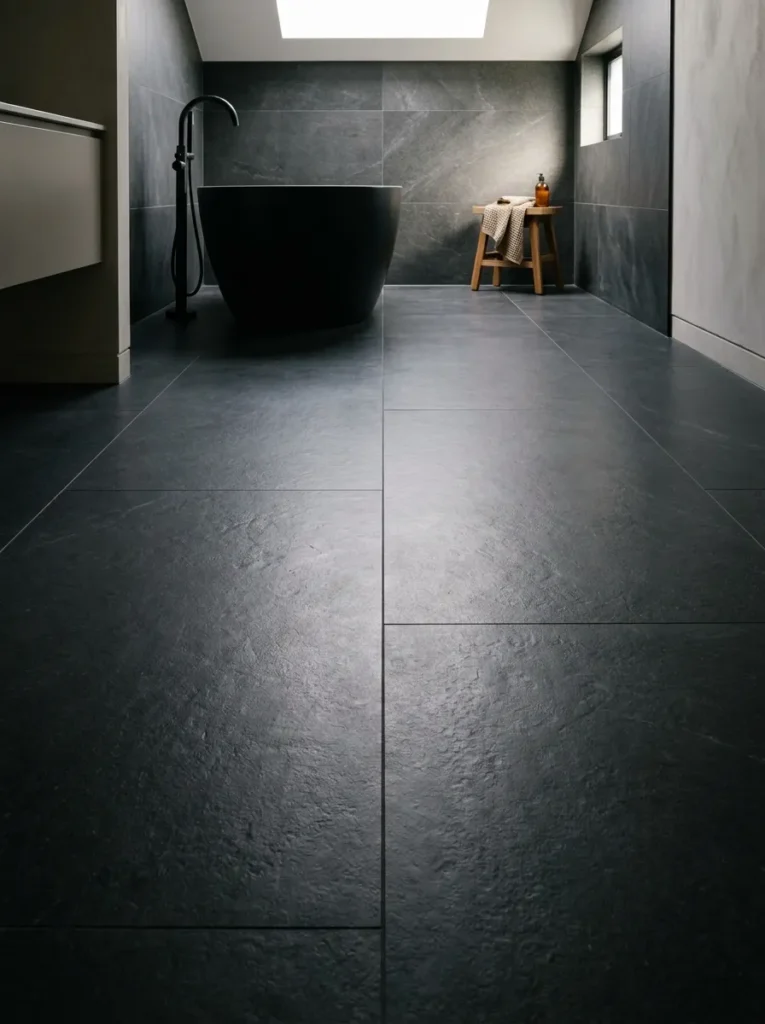 Large-format dark stone-effect porcelain floor tiles with almost invisible grout lines in a black bathroom, viewed from low angle in morning skylight
