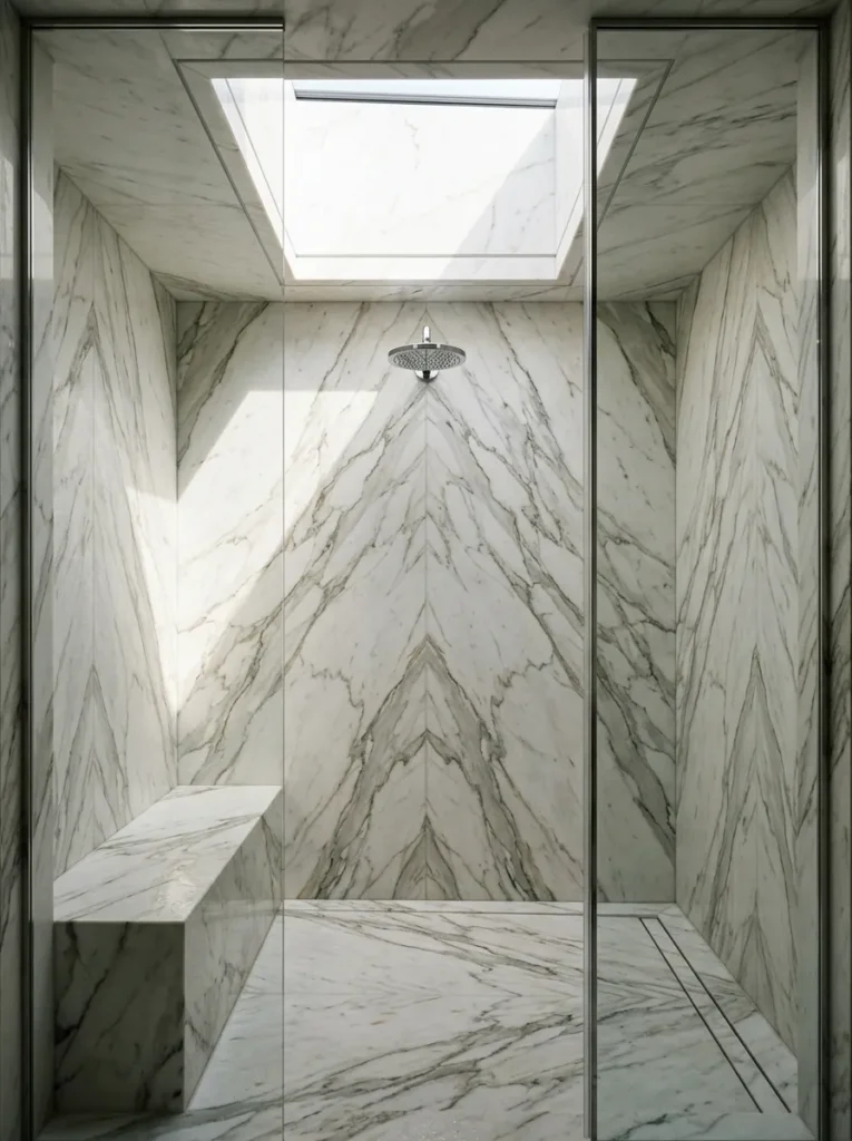 Shower interior with floor-to-ceiling large-format marble slab panels and minimal grout lines