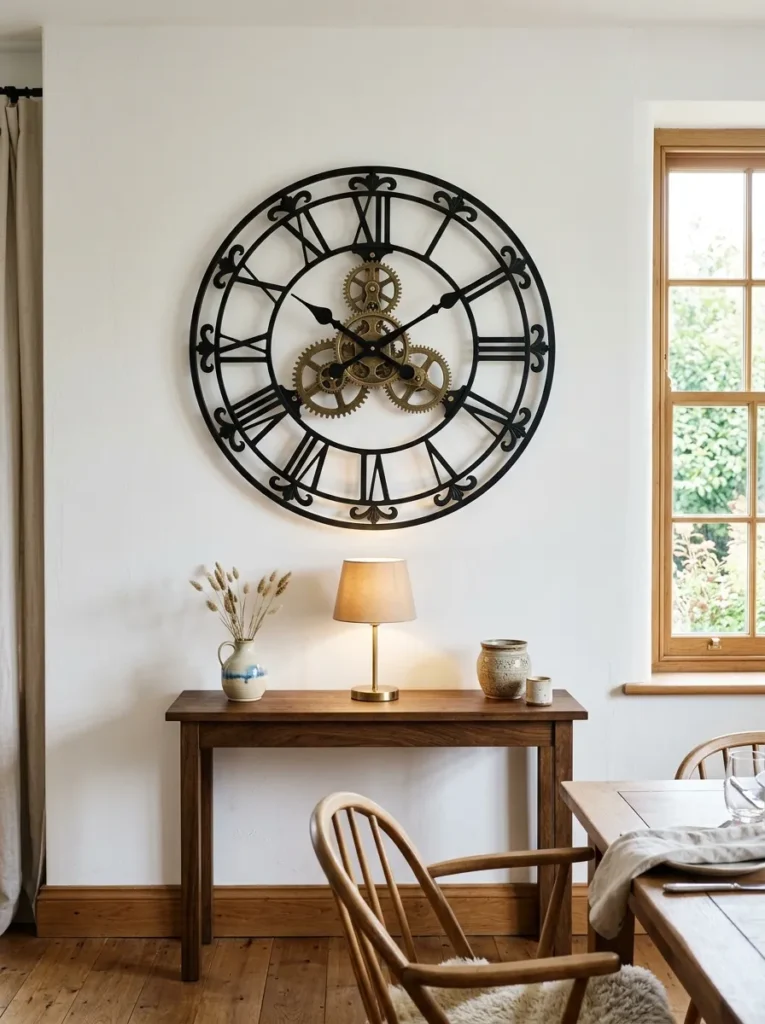 Large open-face iron skeleton clock with visible mechanism mounted above a narrow sideboard on a plain white dining room wall
