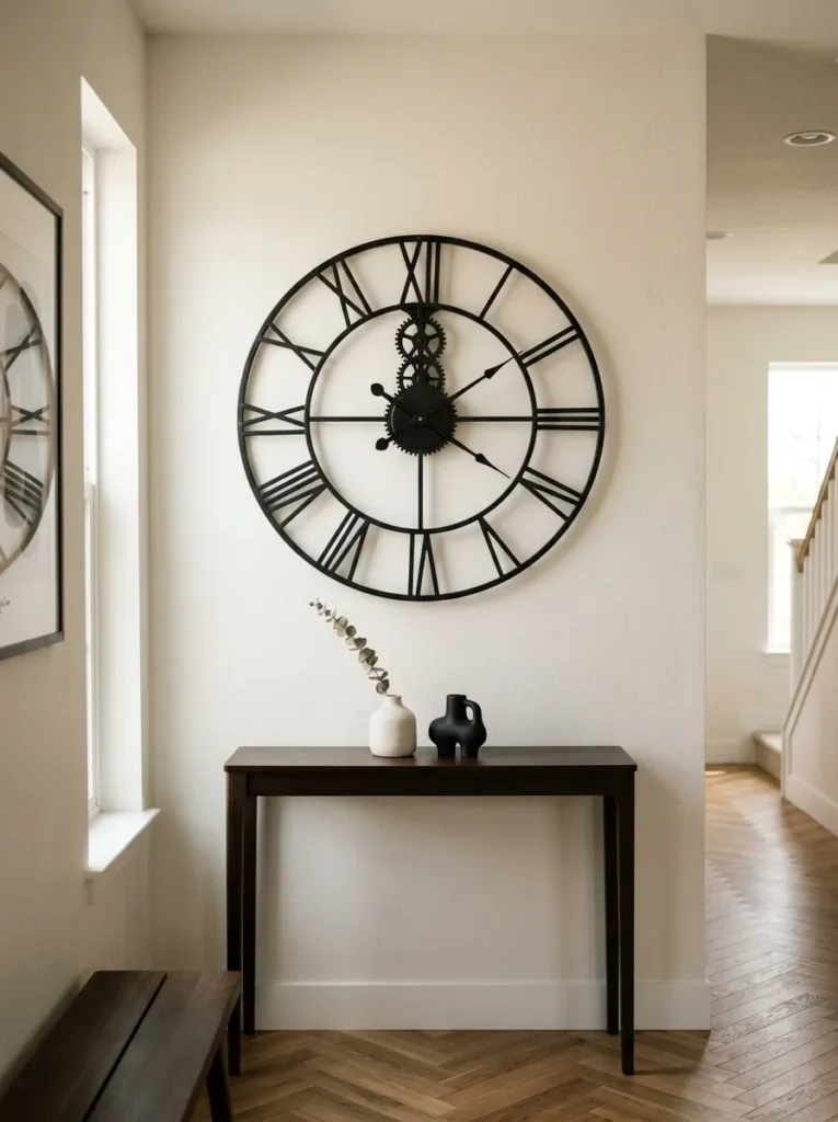 Large open-face iron wall clock mounted above a slim dark console table in an entry, with minimal surface styling below
