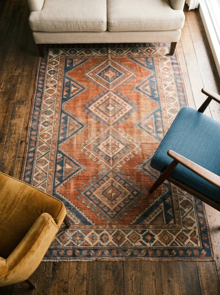 Large faded kilim rug in rust and indigo anchoring a living room seating arrangement, furniture legs on rug