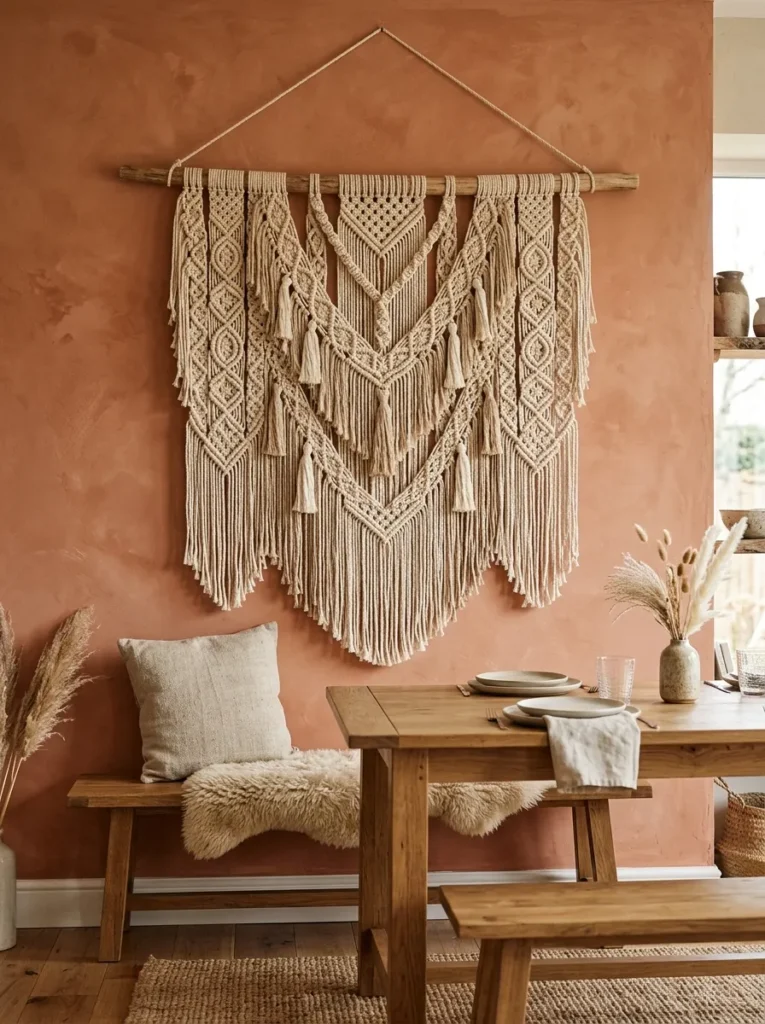 Large natural cotton macramé wall hanging mounted behind a dining bench seat on a terracotta limewash wall in a boho dining room
