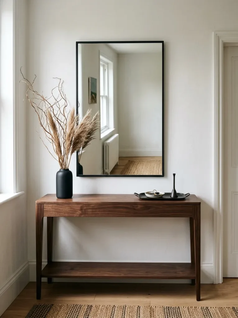 Dark walnut console table with a large black iron-framed mirror proportioned to match the table width, dried branch in a black vase
