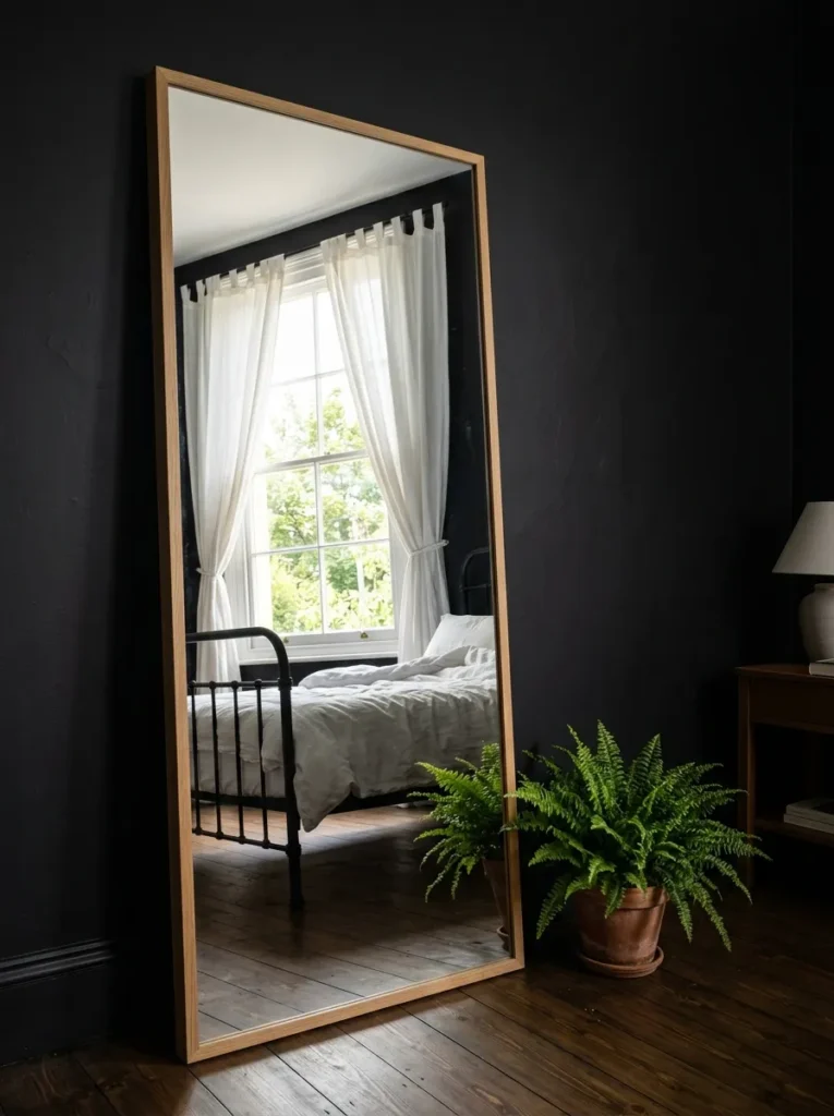 Floor-length oak-framed mirror reflecting window light in a black-walled bedroom with an iron bed frame
