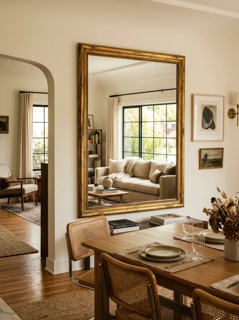 Large rectangular mirror in an aged gold frame on a dining room wall reflecting the open plan living area and natural light