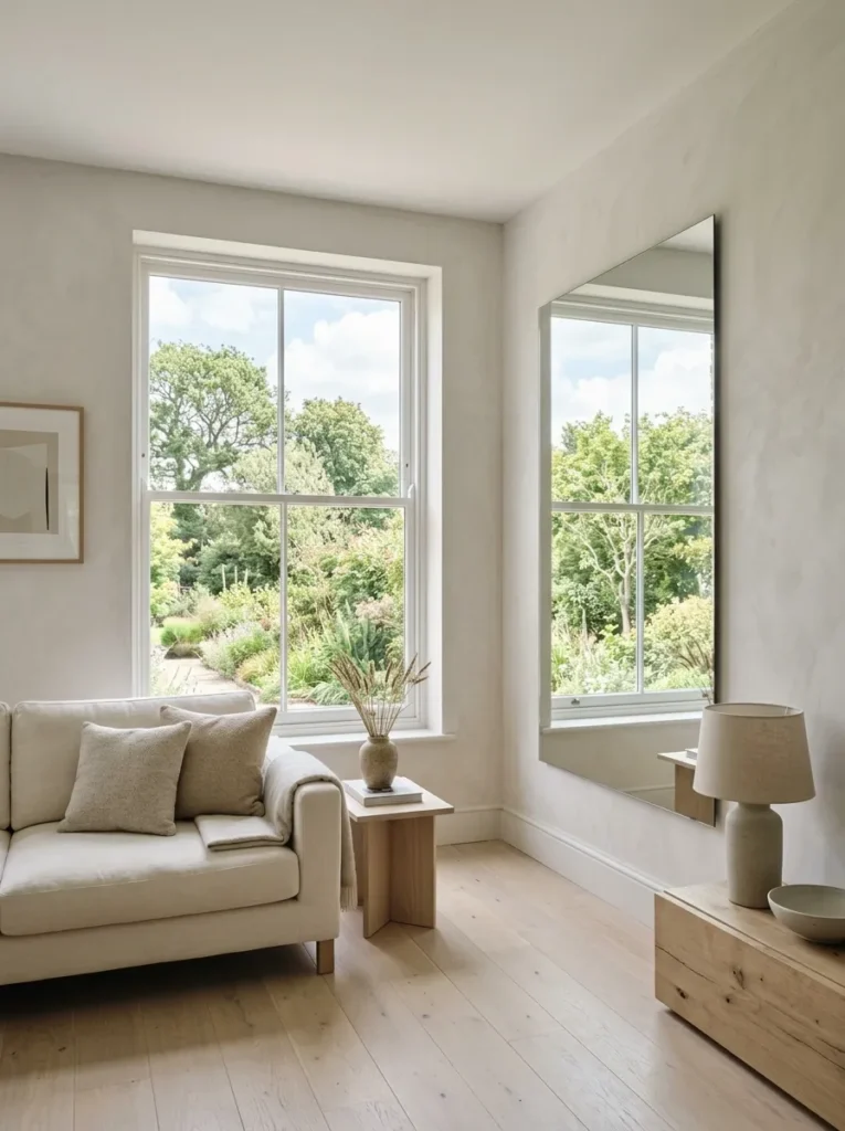 Large rectangular mirror hung opposite a window in a small apartment living room, reflecting the exterior view and natural light