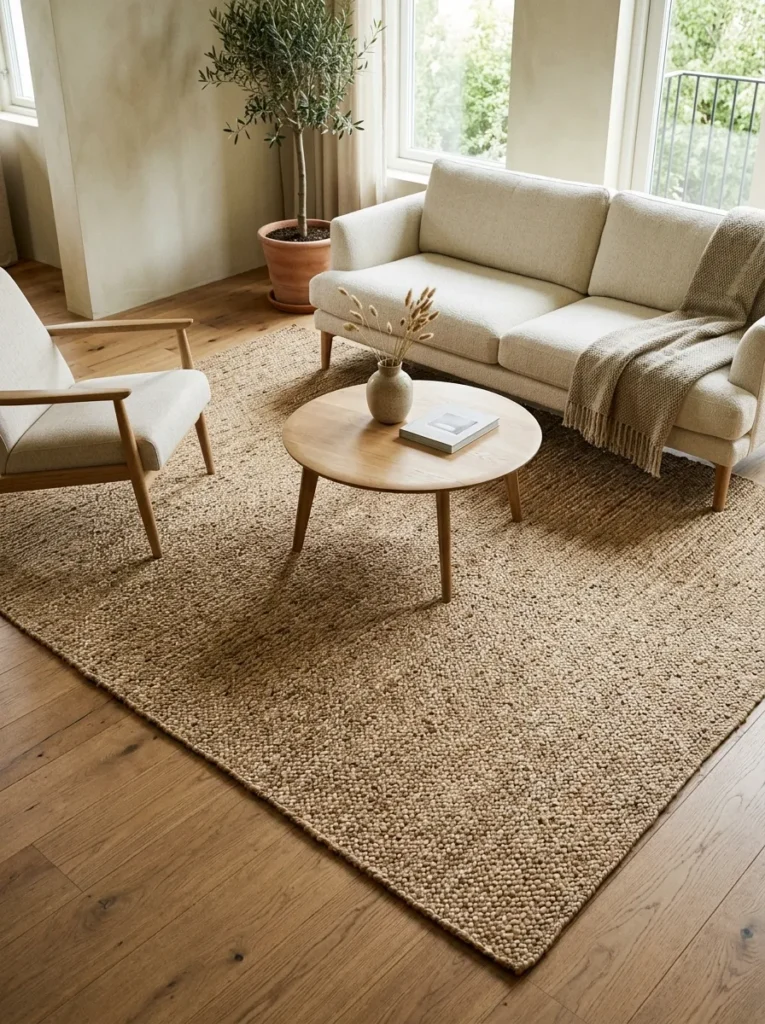 Large undyed jute rug extending well beyond a living room sofa arrangement viewed from above, all furniture legs sitting on the rug surface