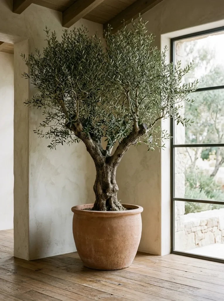 Single large olive tree in a matte terracotta planter in a living room corner near a tall window, reading as an architectural element