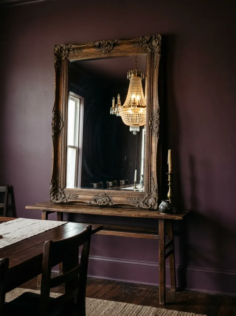 Large dark wood ornate-framed mirror on a plum dining room wall, reflecting window and chandelier light, above a console with a candlestick
