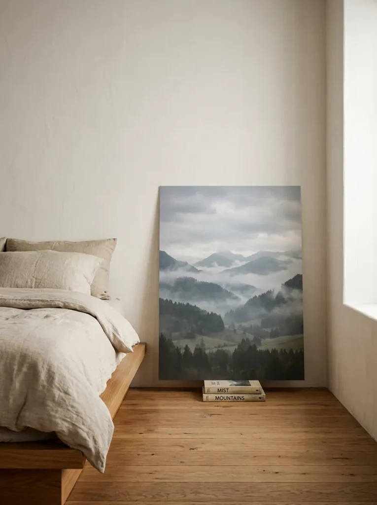 Large unframed landscape photograph leaning against a bare white wall in a minimal bedroom, floor-level placement beside a platform bed