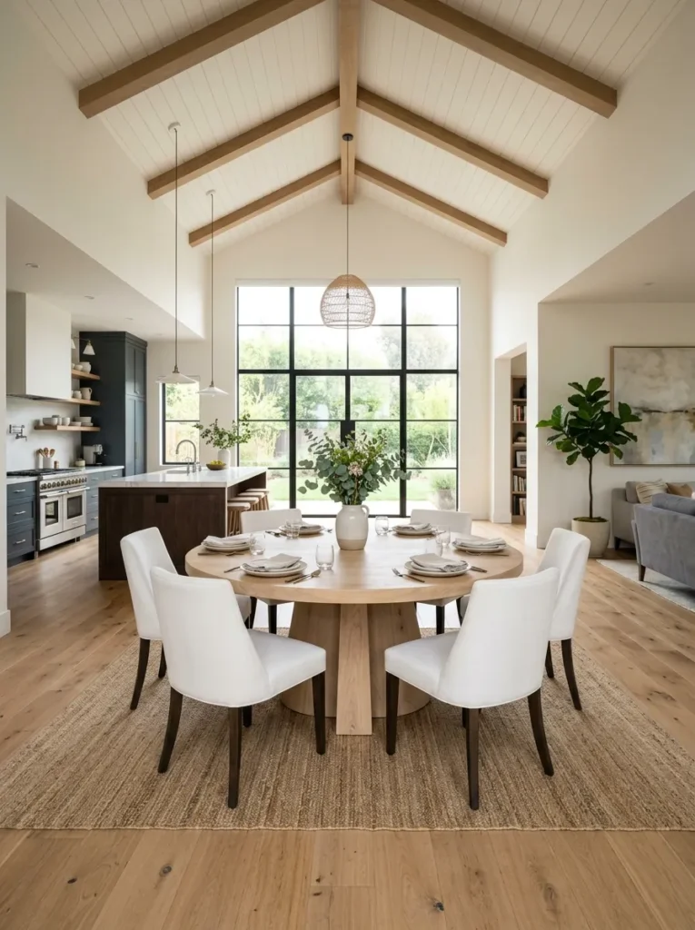Large round pale oak pedestal dining table with white upholstered chairs in a generous open plan dining area with high ceilings