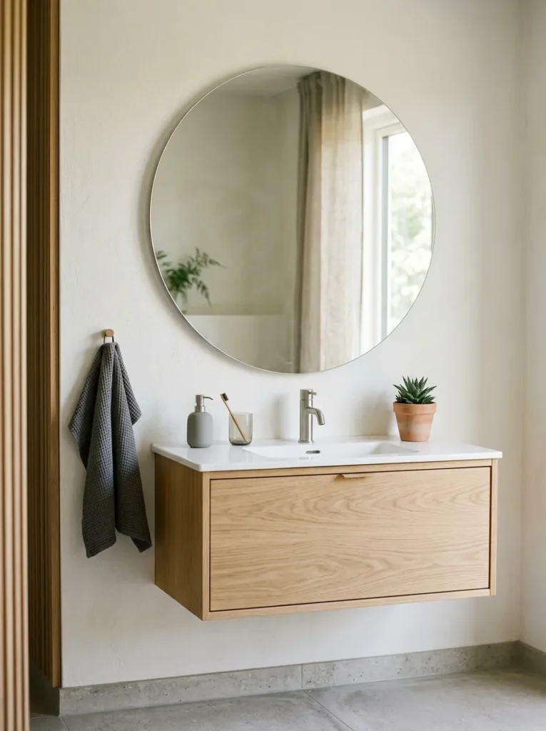 Large round frameless mirror above a pale oak bathroom vanity, its circular form contrasting with the rectangular wall geometry in morning light
