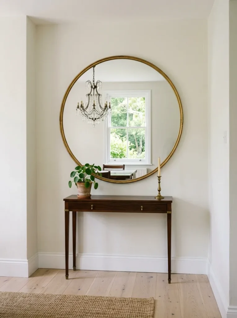 Large round gold-framed mirror on a dining room wall reflecting the opposite window and chandelier, with a slim console below
