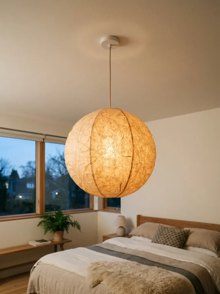 Large round paper pendant approximately 45cm diameter glowing warm amber, hanging centrally in a Scandinavian bedroom with plain white ceiling
