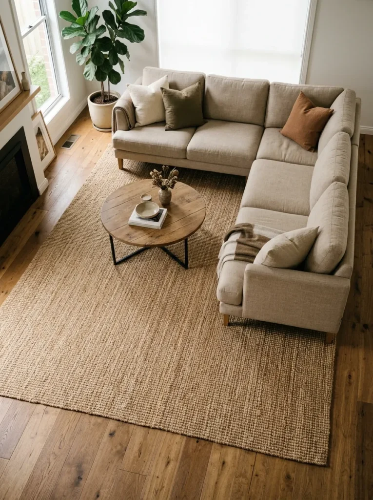 Natural jute rug extending well beyond the front legs of a sectional sofa with a round coffee table at centre, viewed from slightly above