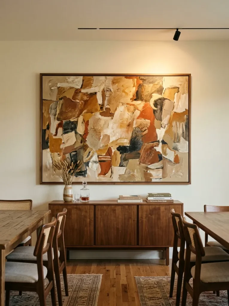 Oversized abstract painting in earth tones centered above a walnut sideboard in an open plan dining area, visible from across the room