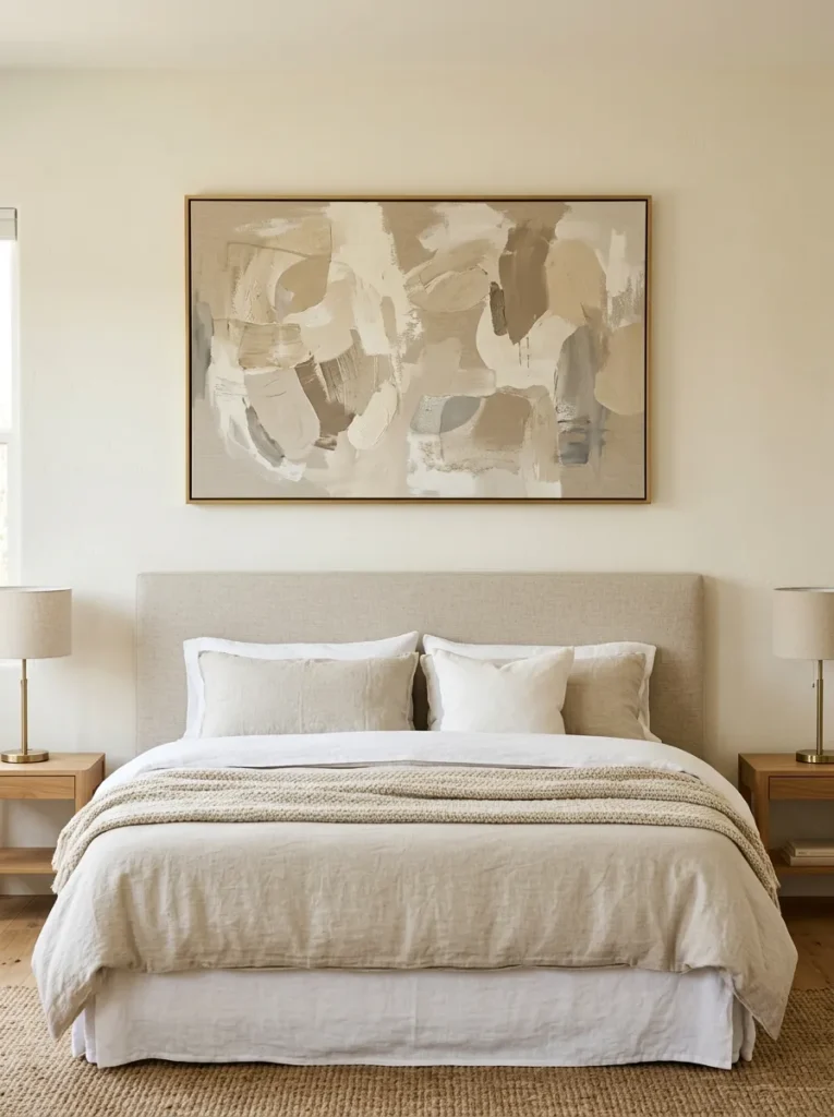 Large horizontal abstract canvas in warm cream and stone tones positioned above an upholstered headboard, matching headboard width with a slim brass frame