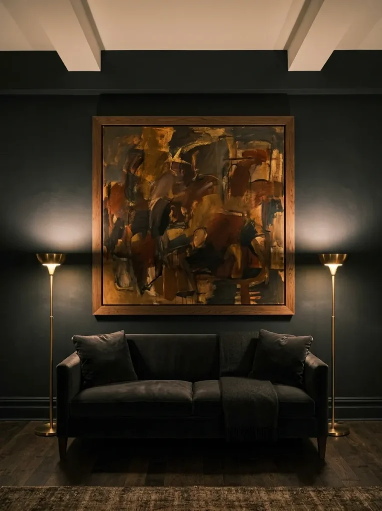Single large abstract painting in deep ochre and rust above a dark velvet sofa, flanked by brass floor lamps on an inky wall
