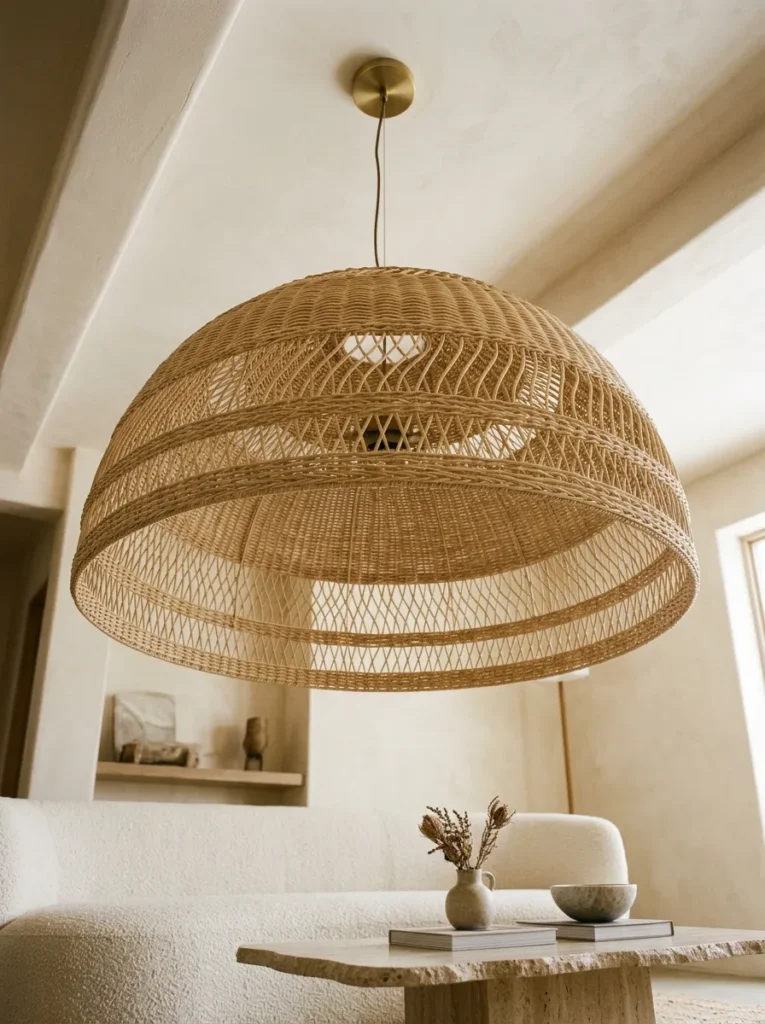 Large woven rattan pendant photographed from below showing weave texture and scale, visible as a design object even unlit, with living room furniture below