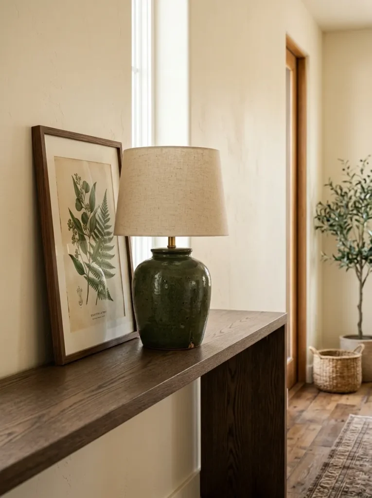 Framed botanical print propped behind a green ceramic table lamp creating a layered grouping on the left side of a smoked oak console
