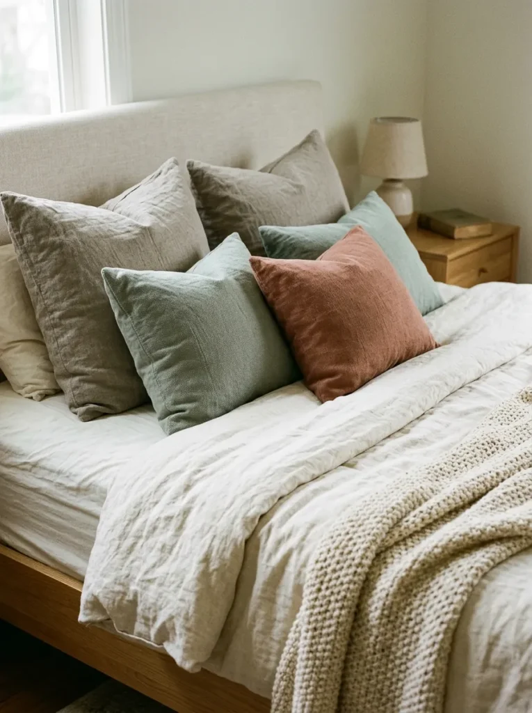 Contemporary bed styled with individually assembled bedding in related warm tones — ivory linen, greige shams, dusty sage and rust throw pillows
