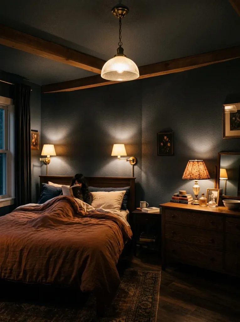 Contemporary bedroom at evening showing three independent light sources — ceiling pendant, wall sconces, and dresser lamp — creating layered zones
