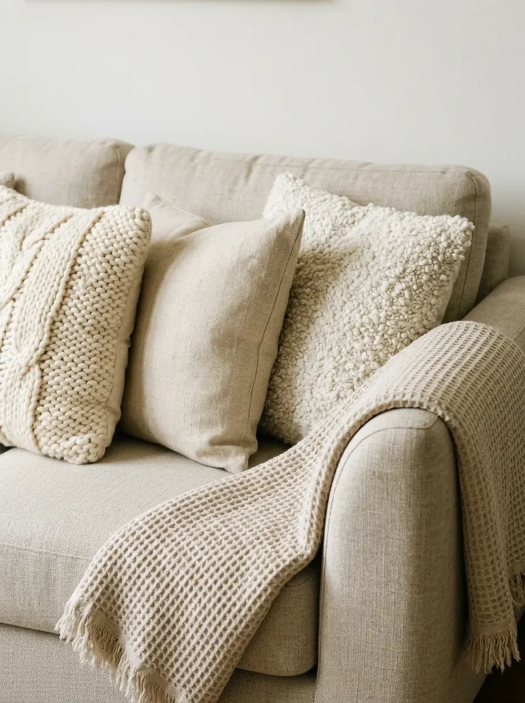 Sofa styled with cream and oatmeal cushions and throws in varied textures — bouclé, knit, waffle weave, and linen — in the same tonal family